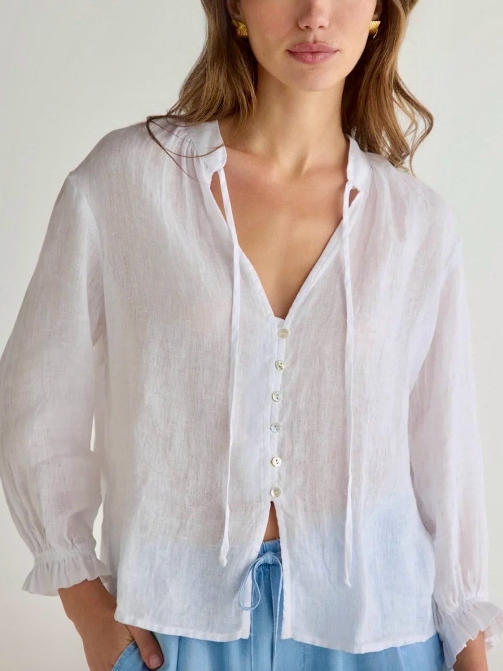 Bella Dahl White Linen Peasant Style Blouse with Ruffle Sleeves